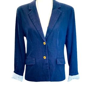 Harvé Benard Indigo Blue Two Gold Button Front Linen Blazer